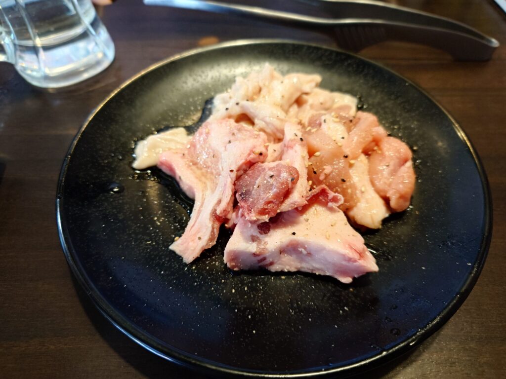 札幌市 中央区 大通駅 狸小路 岩見沢精肉卸直営 牛乃家 本店 はじめの盛り合わせ（豚トロ・鶏もも肉・道産ホルモン）