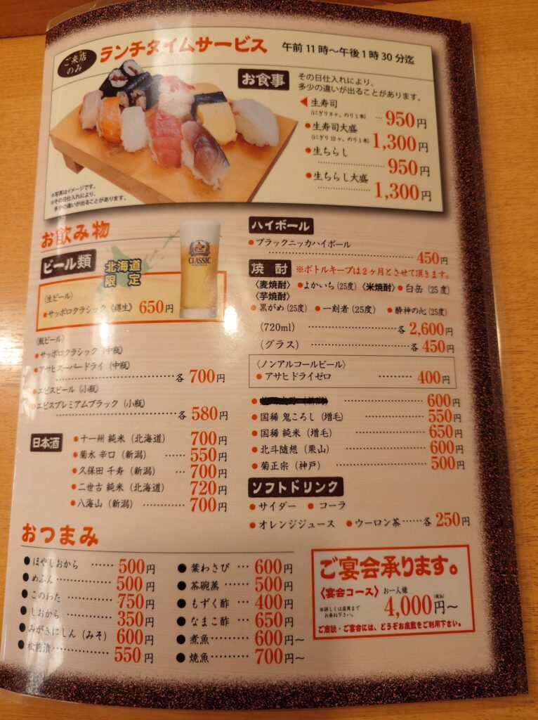 札幌市 中央区 二十四軒駅 札幌中央卸売市場 札幌場外市場 鮨処 菊水 ランチサービスメニュー